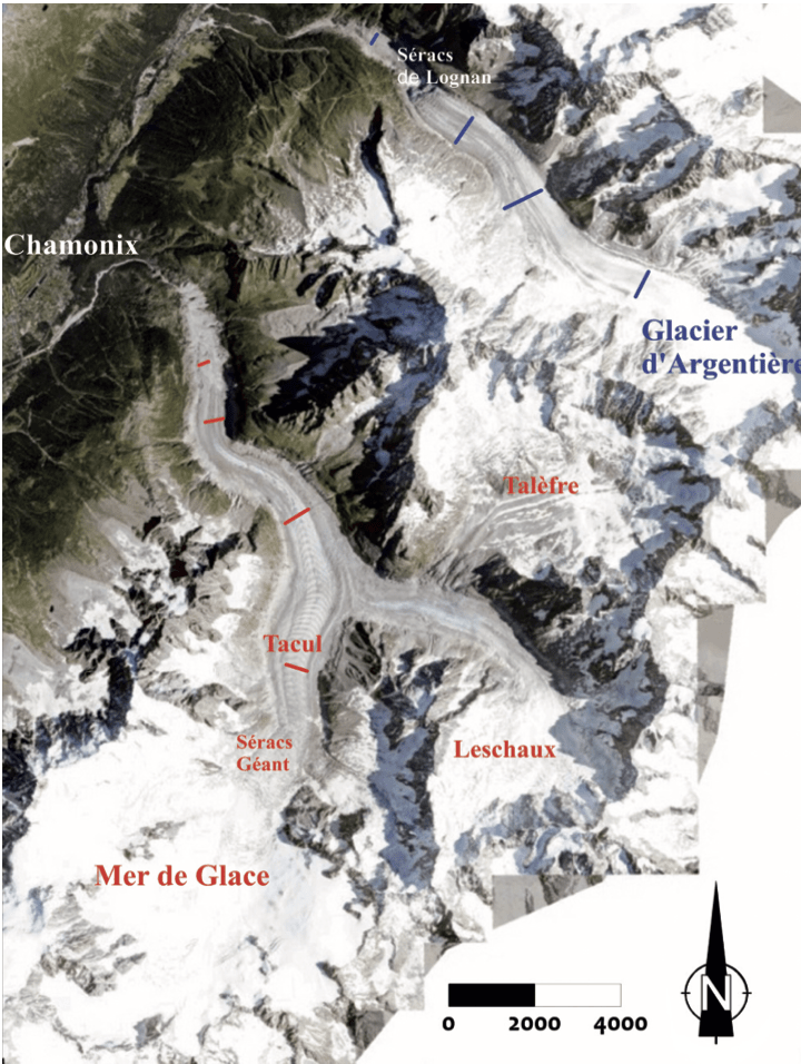 Carte du glacier d'Argentière et de la Mer de Glace